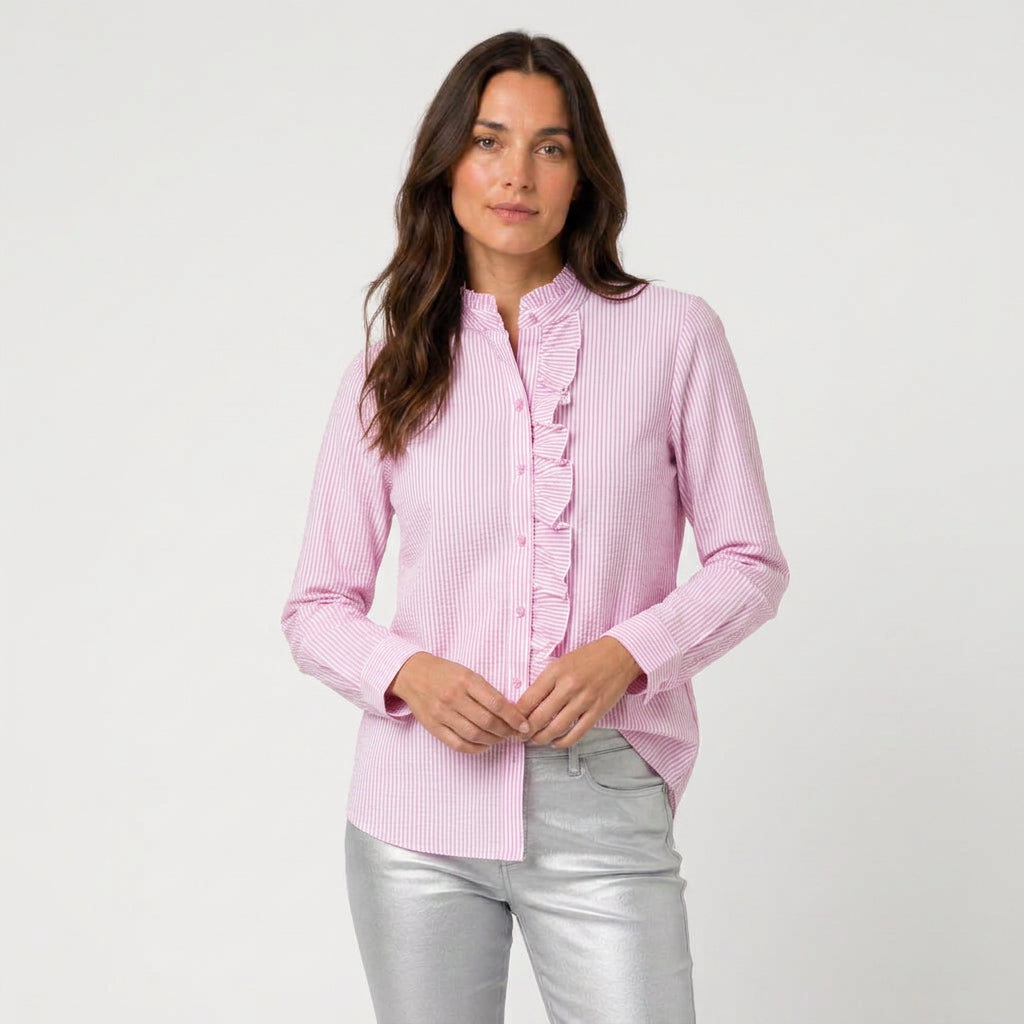 Women's Ruffle Trim Button-Up Blouse – Striped Seersucker