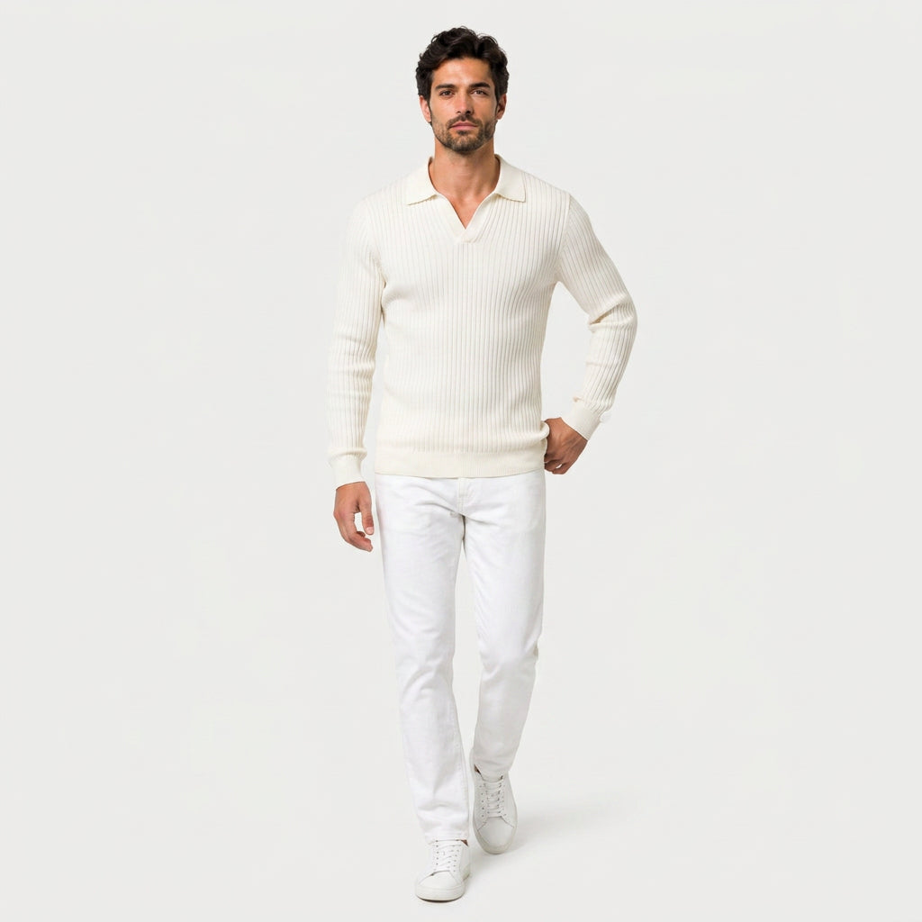 Men's Ribbed Knit Polo Sweater – Open Collar