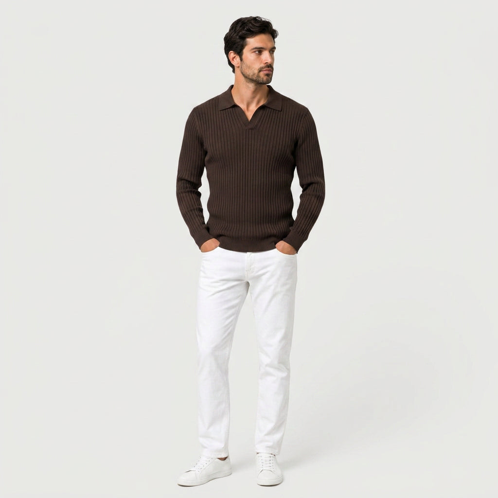 Men's Ribbed Knit Polo Sweater – Open Collar