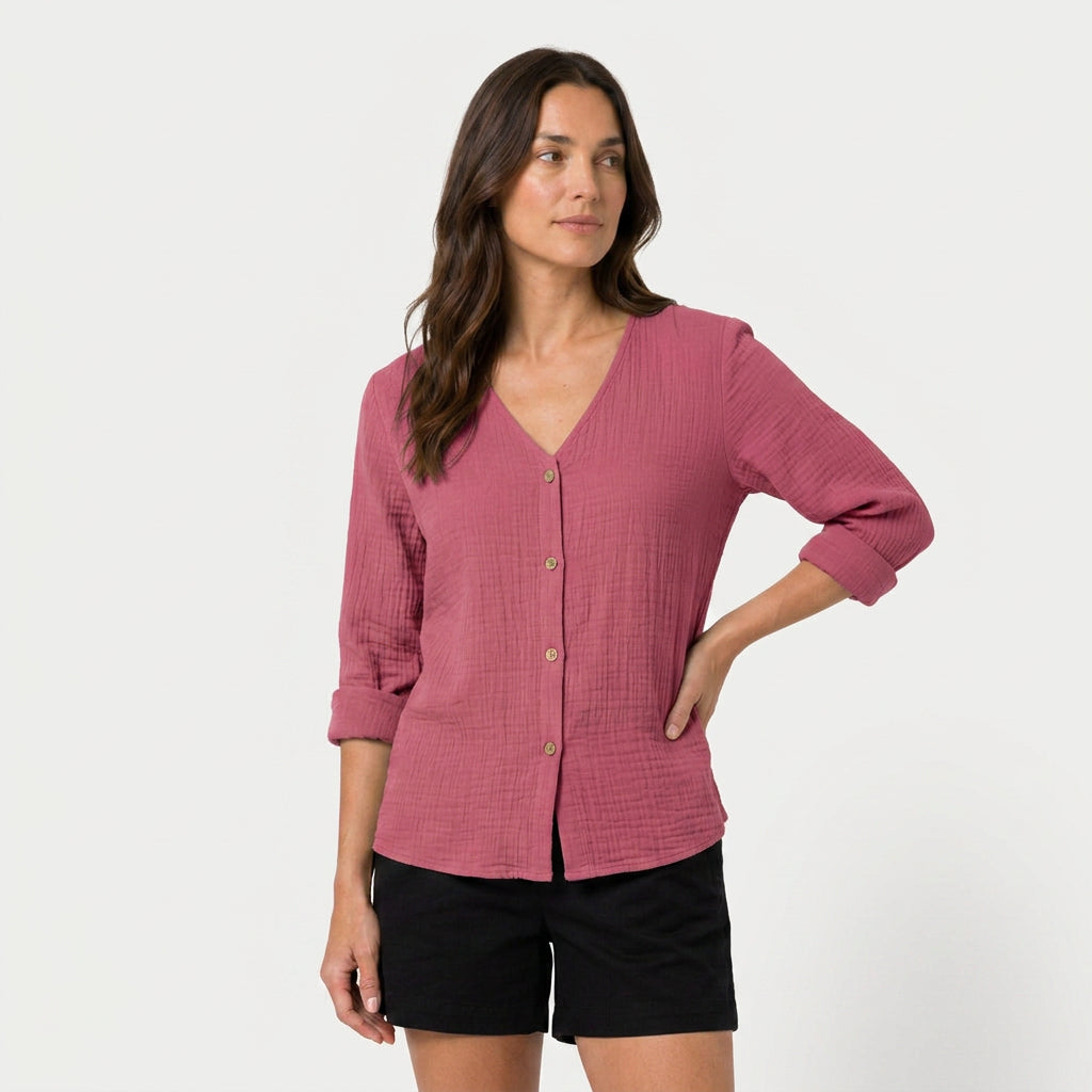 Women's Cotton Gauze Button-Up Blouse – V-Neck