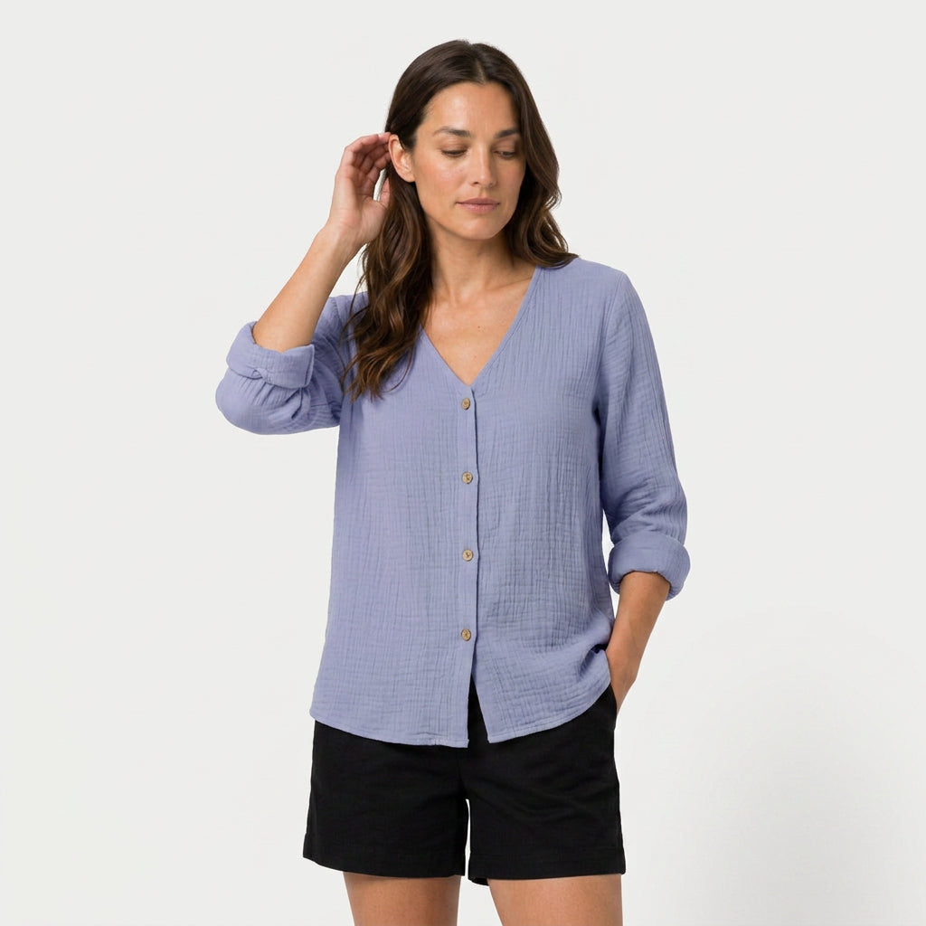 Women's Cotton Gauze Button-Up Blouse – V-Neck