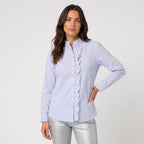 Women's Ruffle Trim Button-Up Blouse – Striped Seersucker