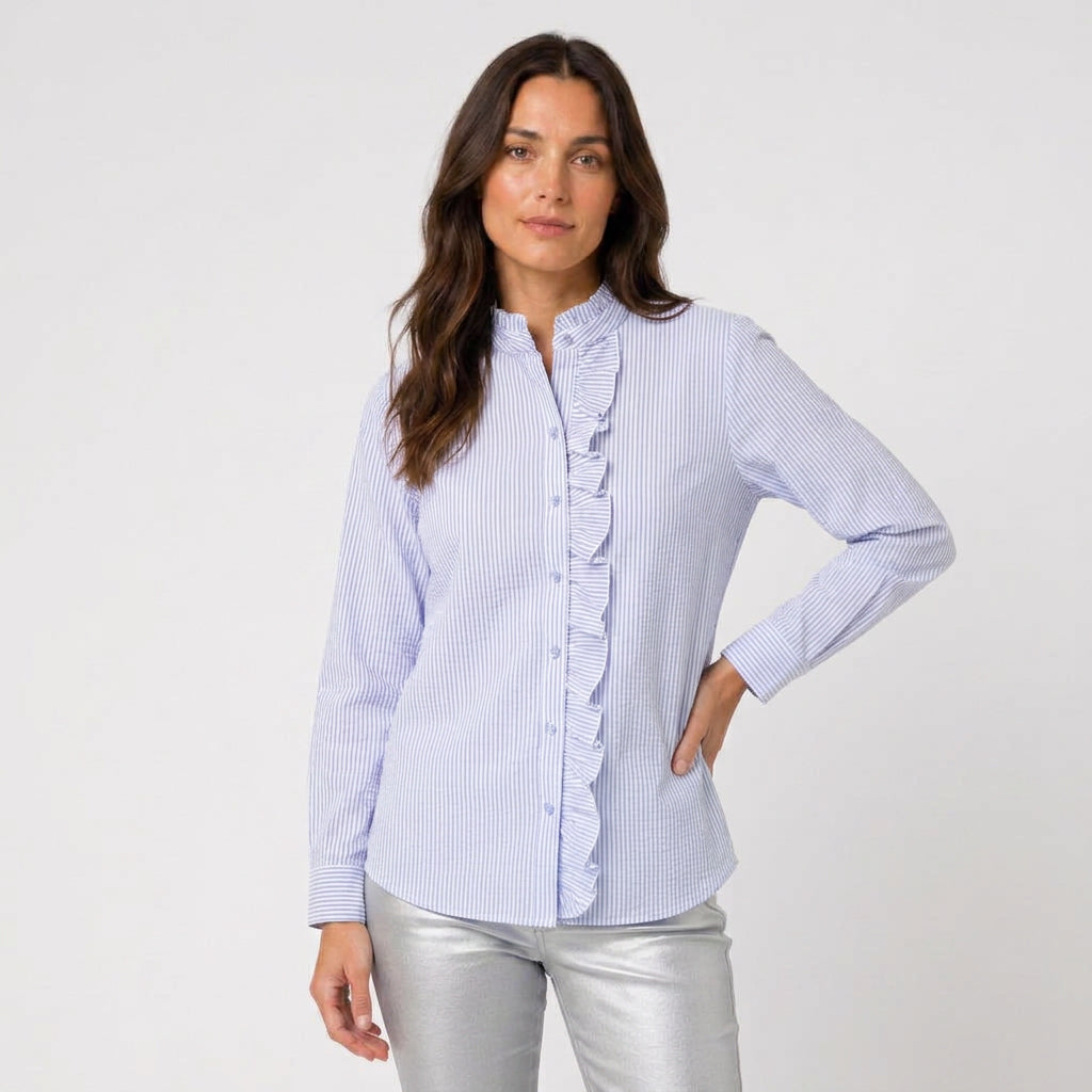 Women's Ruffle Trim Button-Up Blouse – Striped Seersucker