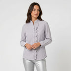 Women's Ruffle Trim Button-Up Blouse – Striped Seersucker