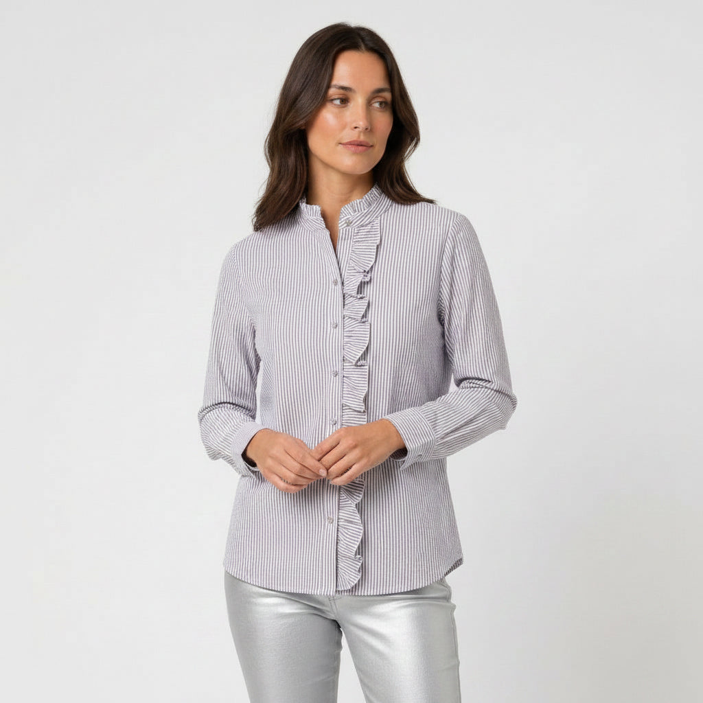Women's Ruffle Trim Button-Up Blouse – Striped Seersucker