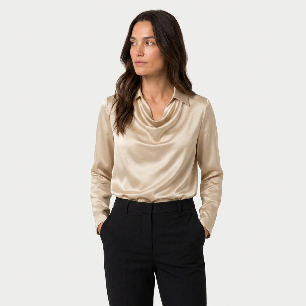 Women's Satin Long Sleeve Blouse – Cowl Neck