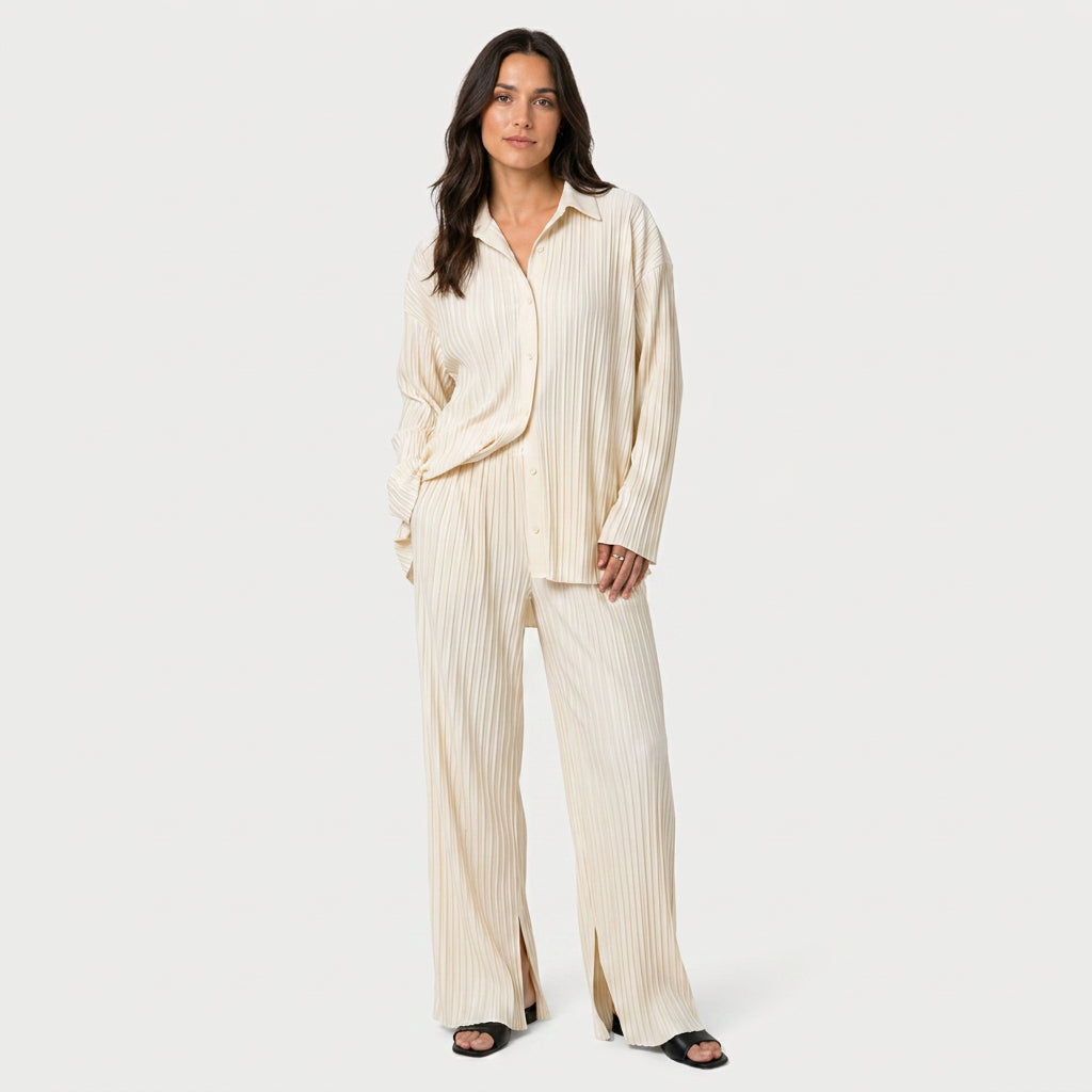 Women's Ribbed Co-Ord Set – Oversized Shirt, Wide-Leg Pants