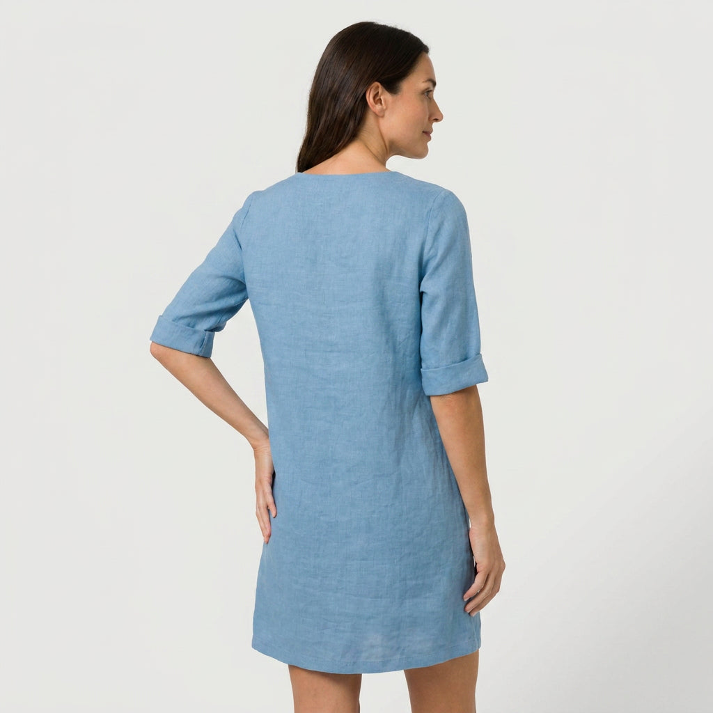 Women's Elbow Sleeve Linen Tunic Dress – V-Neck