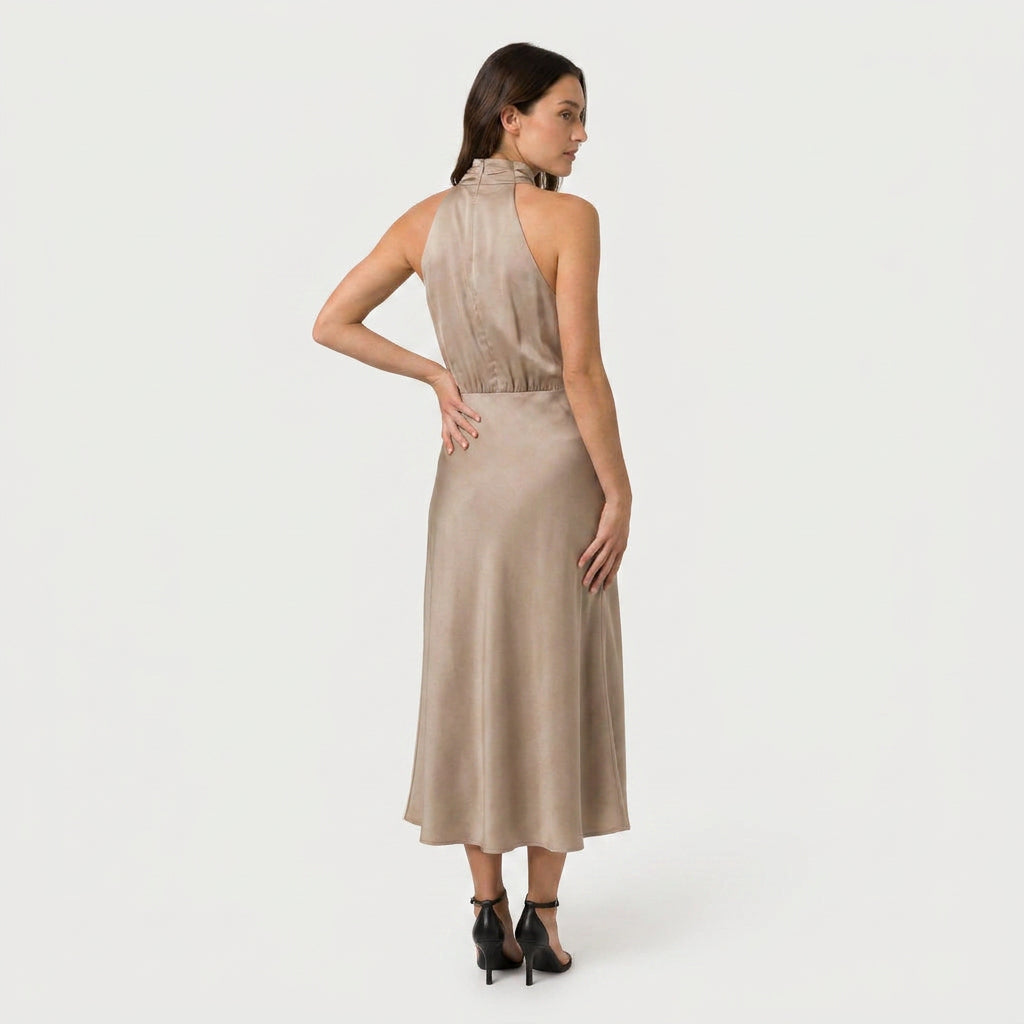 Women's Satin Halter Midi Dress – High Neck