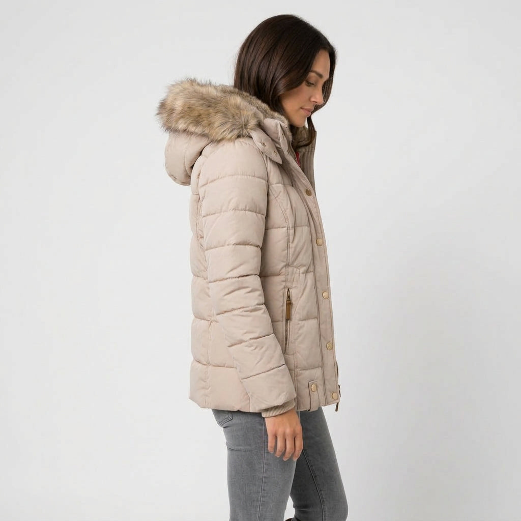 Women's Quilted Puffer Coat – Fur-Trimmed Hood, Mid-Thigh Length