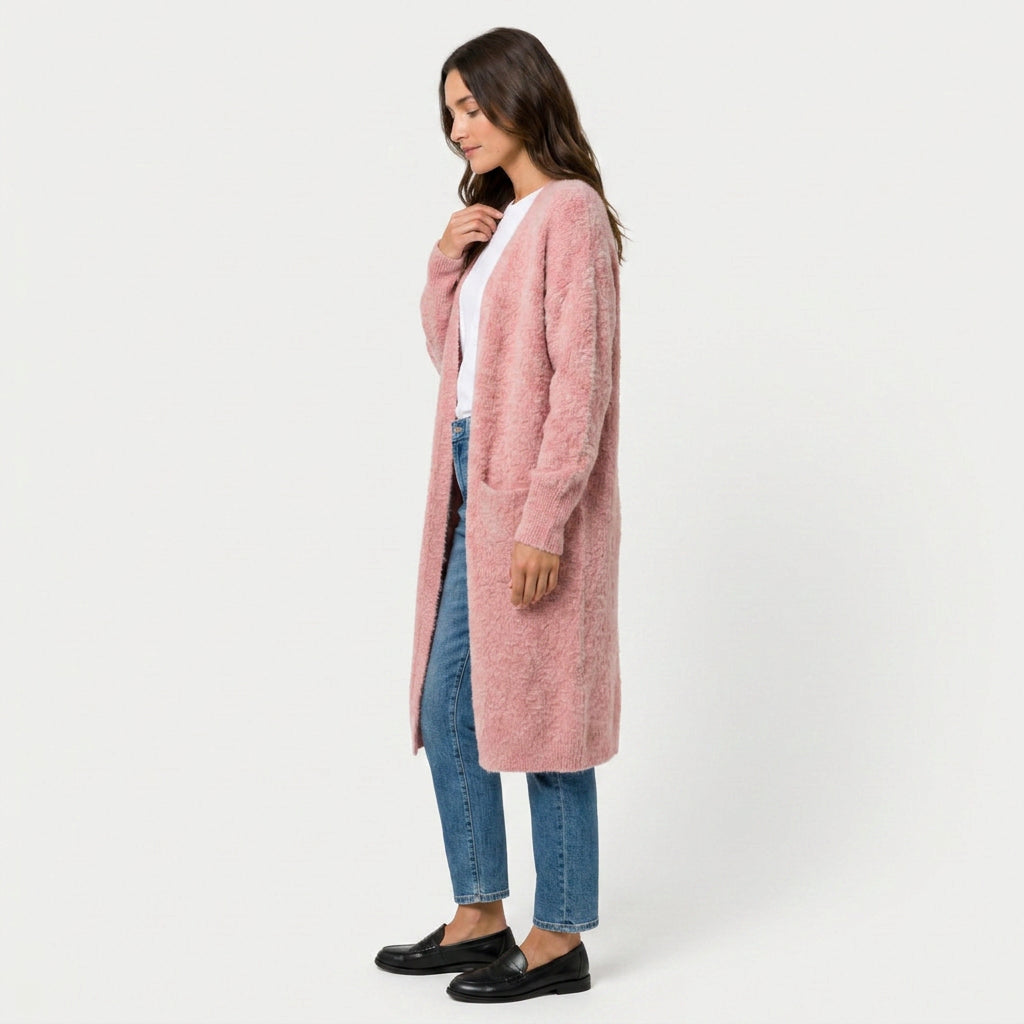 Women's Fuzzy Knit Longline Cardigan – Open Front
