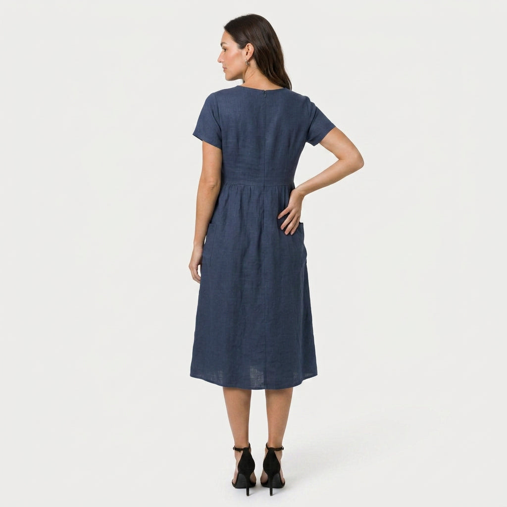 Women's Short Sleeve Pintuck Midi Dress – Pockets