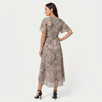 Women's Flutter Sleeve Floral Wrap Midi Dress – Tie Waist