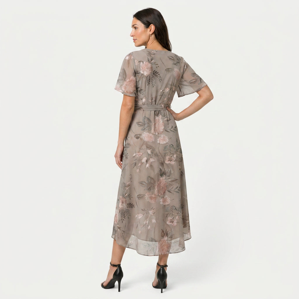 Women's Flutter Sleeve Floral Wrap Midi Dress – Tie Waist