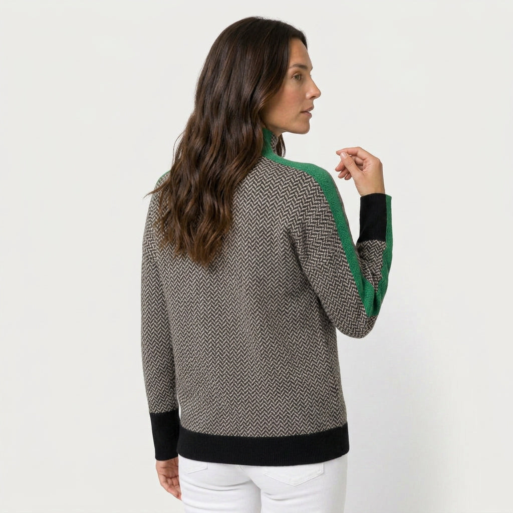 Women's Herringbone Funnel Neck Sweater – Sporty Stripe, Color-Block Trims