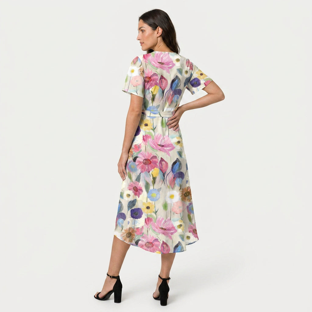 Women's Flutter Sleeve Floral Wrap Midi Dress – Tie Waist