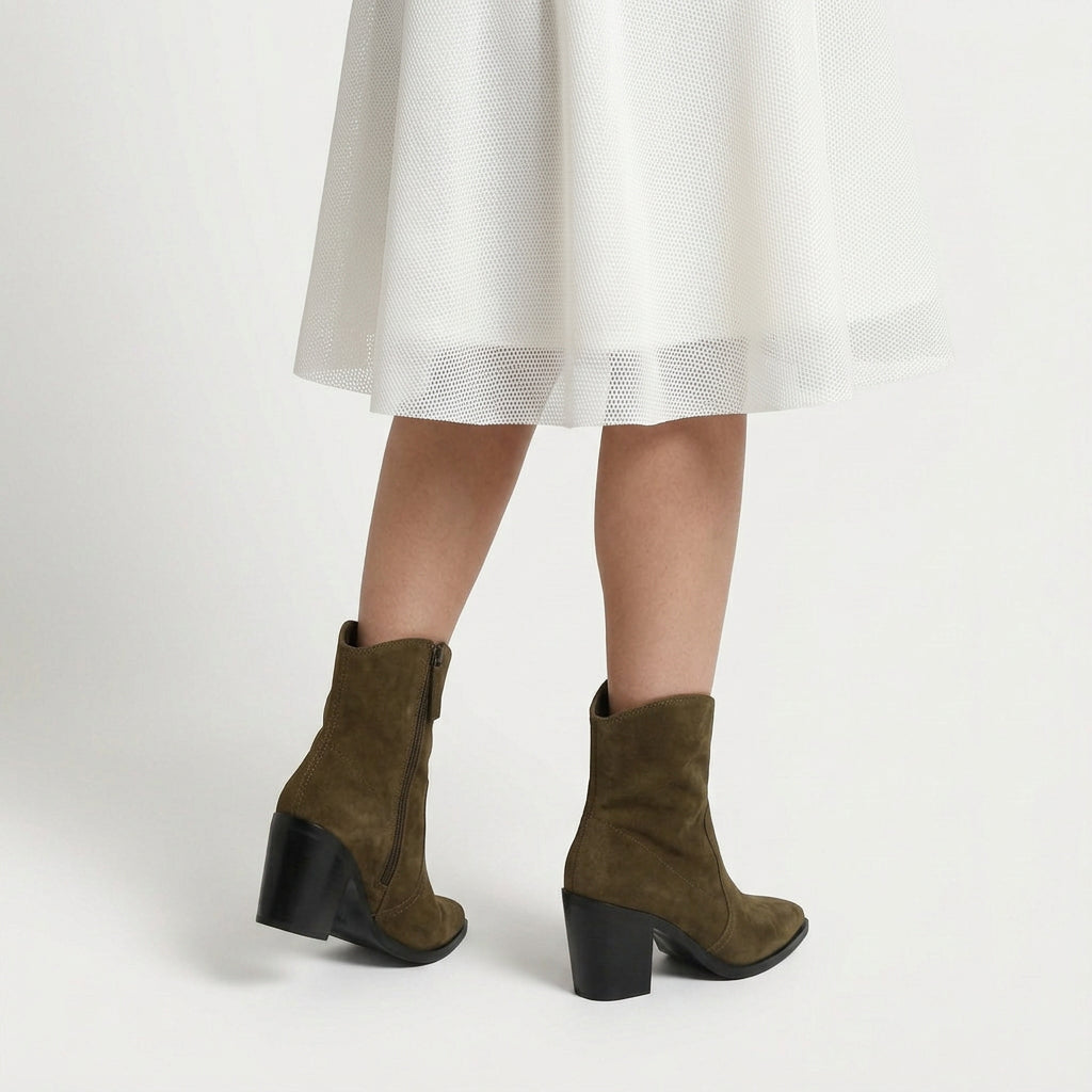Women's Suede Pointed-Toe Block Heel Boot – Ankle Height