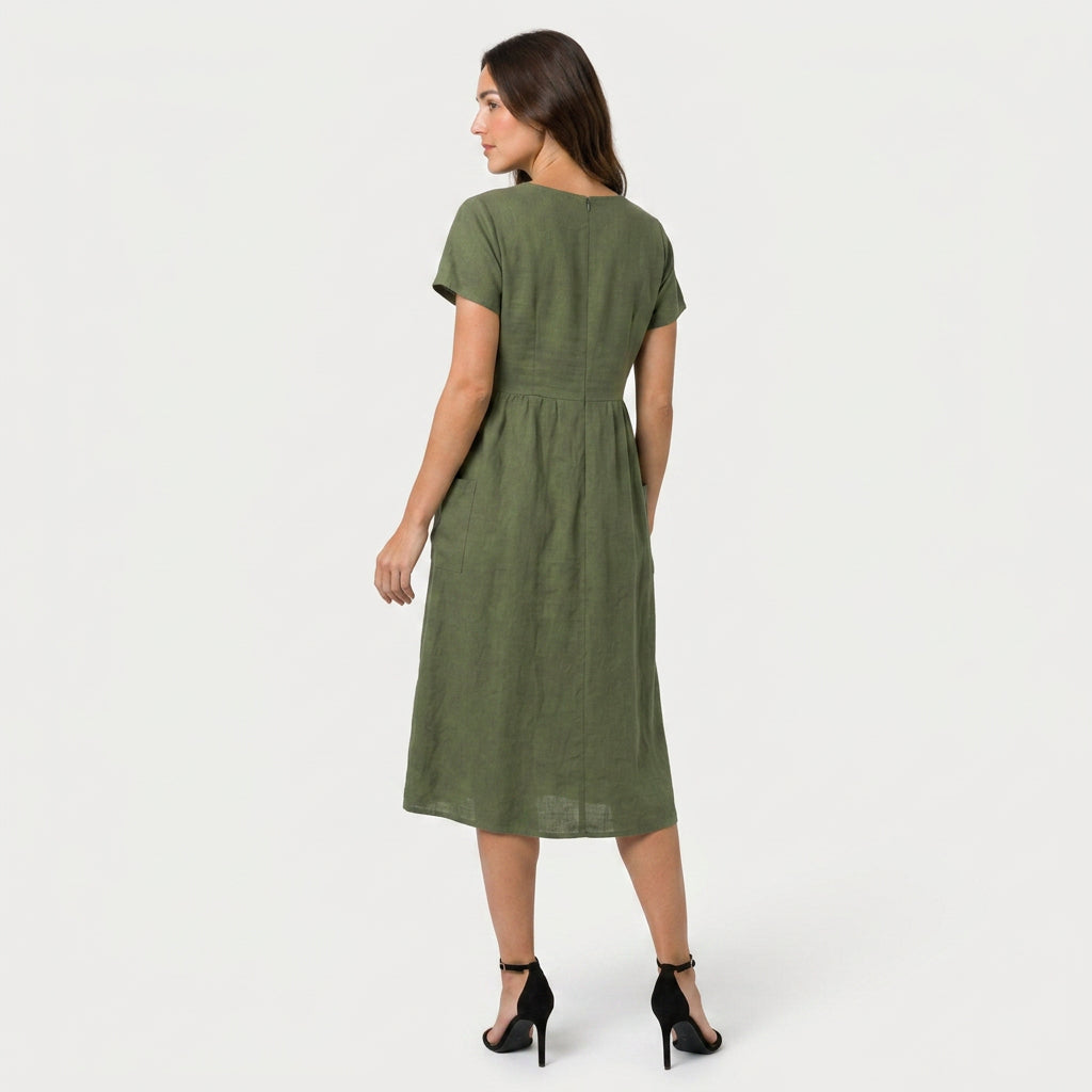 Women's Short Sleeve Pintuck Midi Dress – Pockets