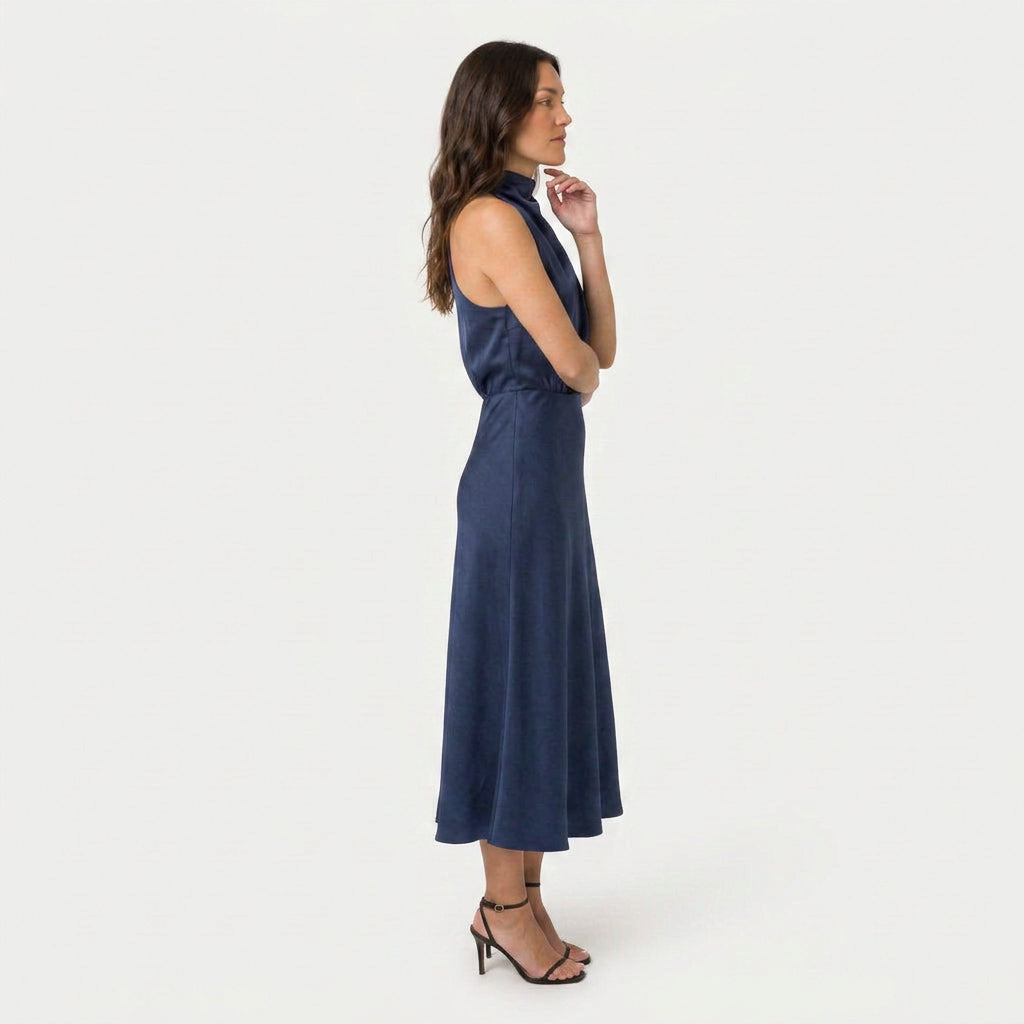Women's Satin Halter Midi Dress – High Neck