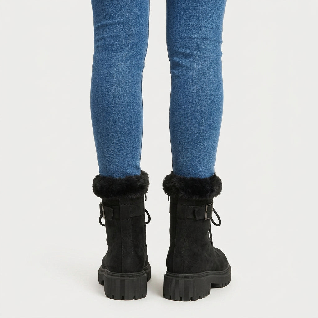 Women's Fuzzy Cuff Lace-Up Combat Boot – Platform Sole