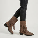 Women's Suede Fringed Mid-Calf Boot – Block Heel