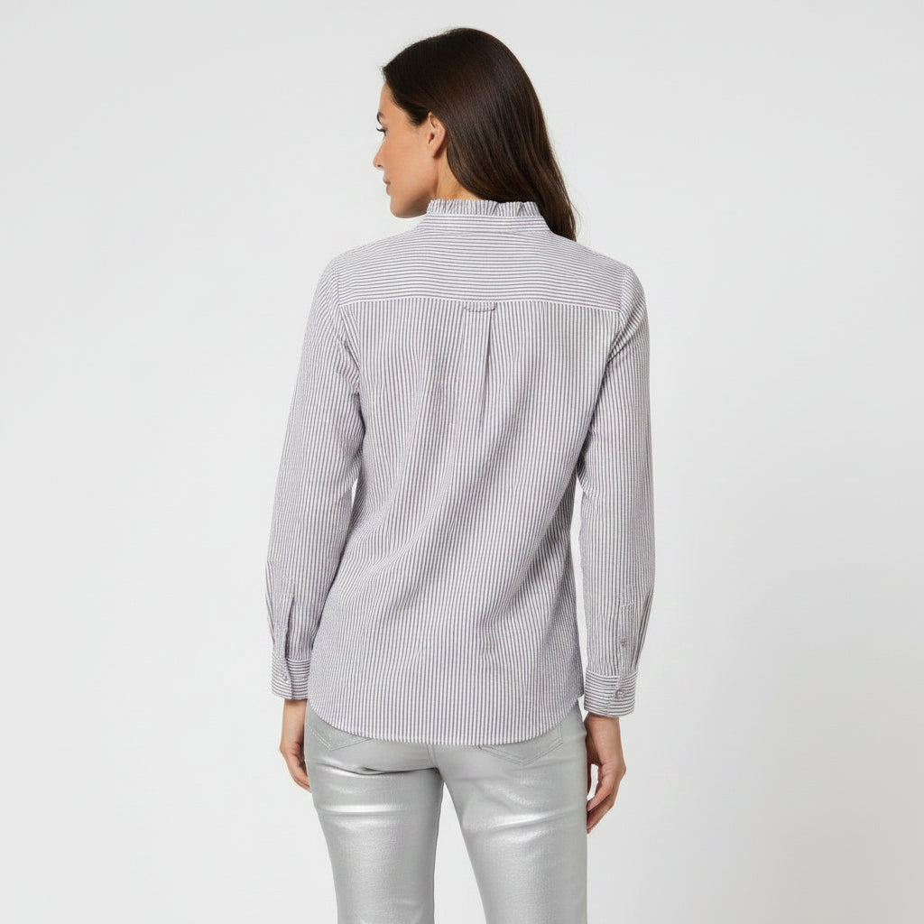 Women's Ruffle Trim Button-Up Blouse – Striped Seersucker