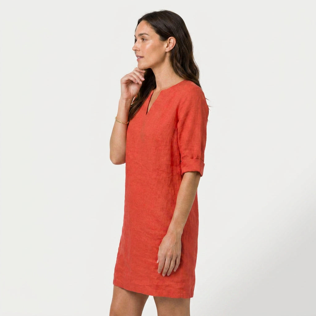 Women's Elbow Sleeve Linen Tunic Dress – V-Neck
