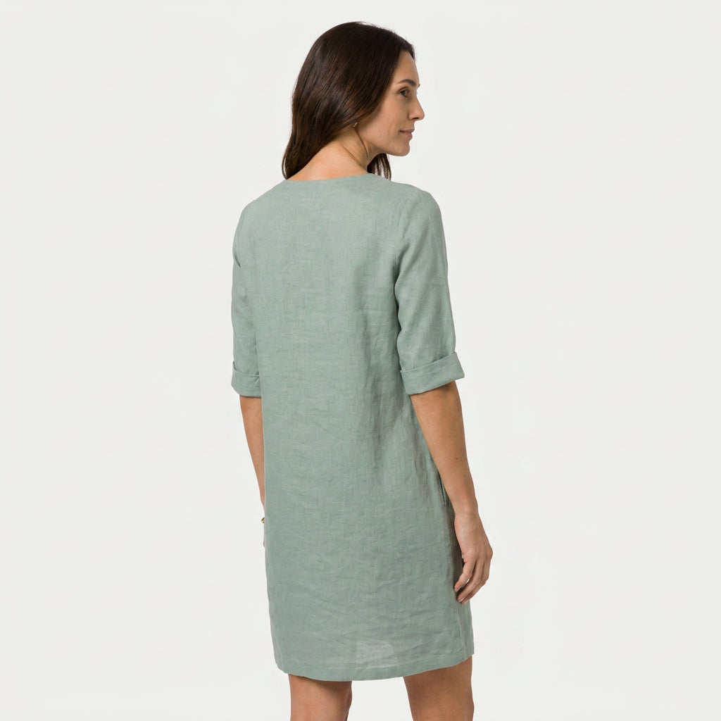 Women's Elbow Sleeve Linen Tunic Dress – V-Neck
