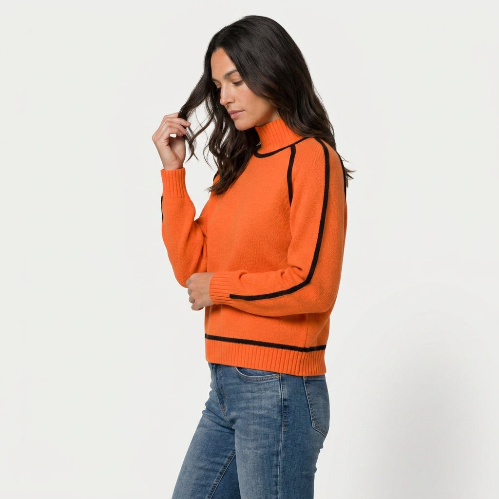 Women's Relaxed Fit Turtleneck Sweater – Contrast Piping, Ribbed Trims