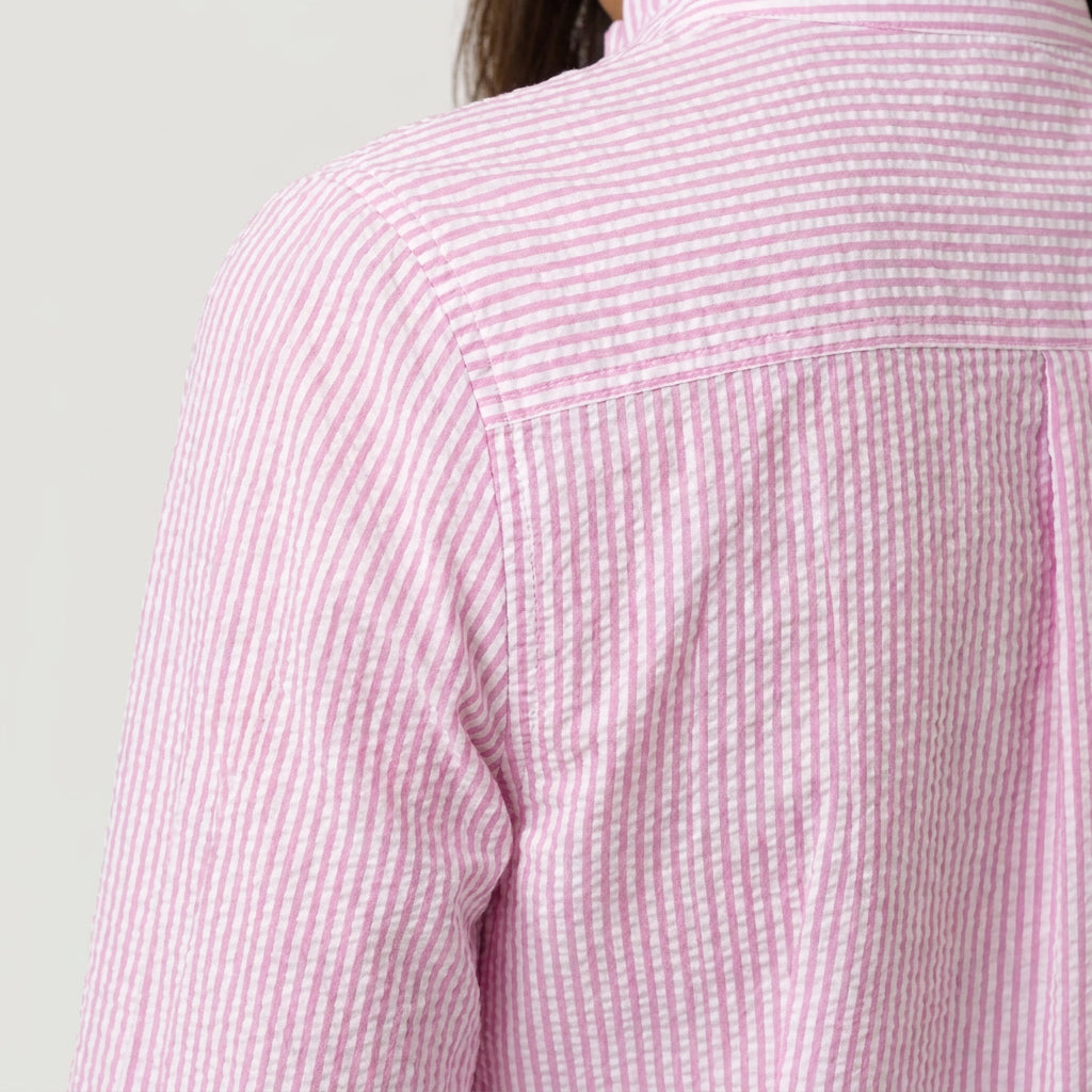 Women's Ruffle Trim Button-Up Blouse – Striped Seersucker