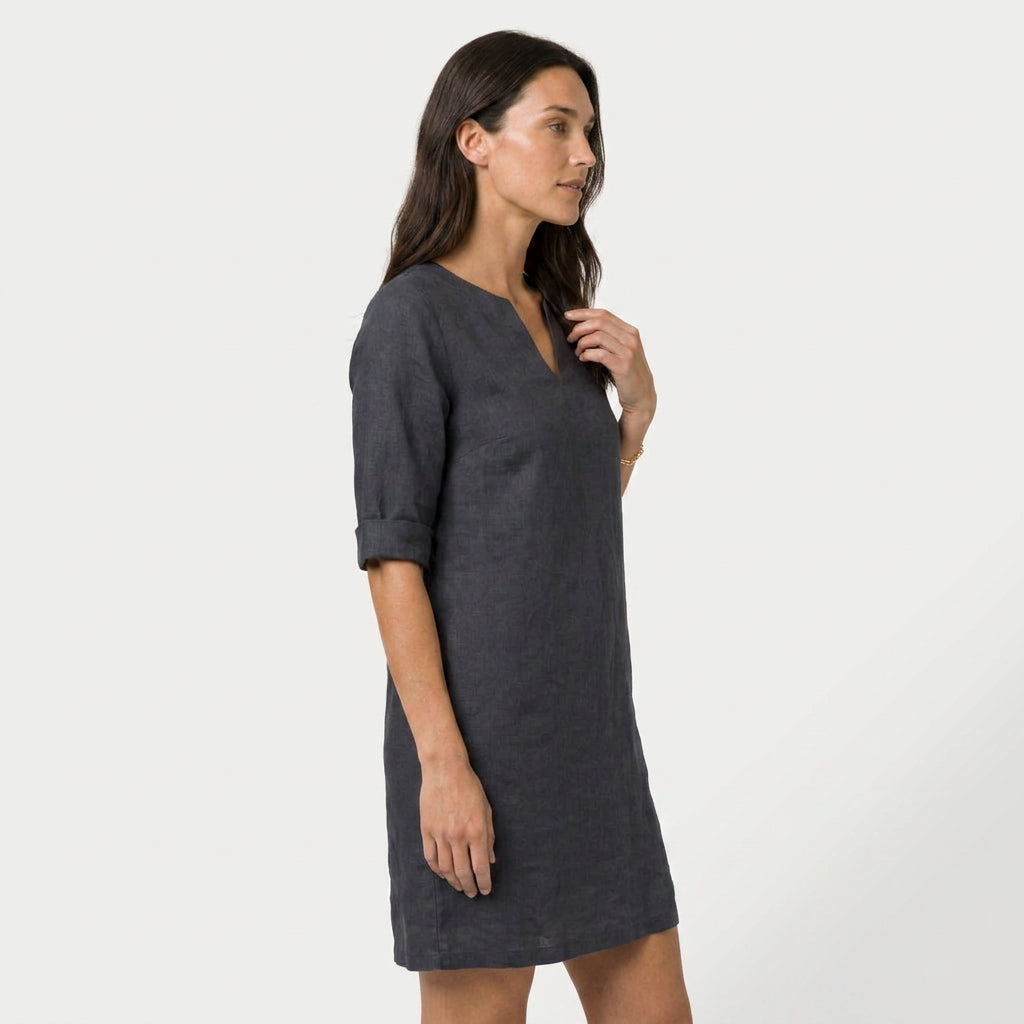 Women's Elbow Sleeve Linen Tunic Dress – V-Neck