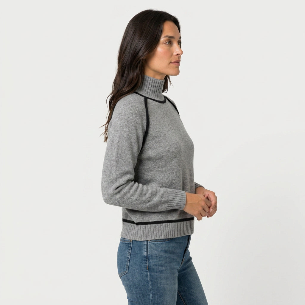 Women's Relaxed Fit Turtleneck Sweater – Contrast Piping, Ribbed Trims