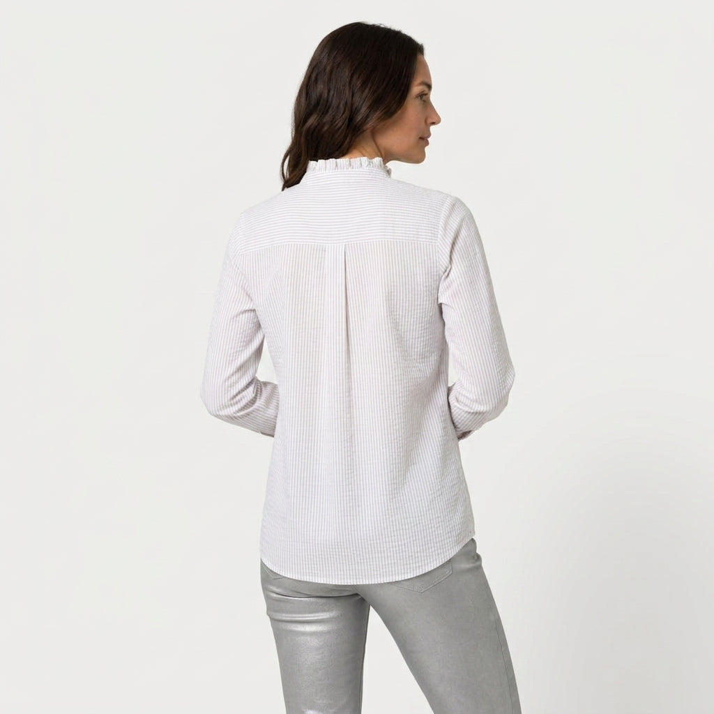 Women's Ruffle Trim Button-Up Blouse – Striped Seersucker