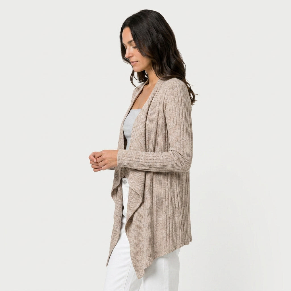 Women's Waterfall Cardigan – Ribbed Knit, Draped Front