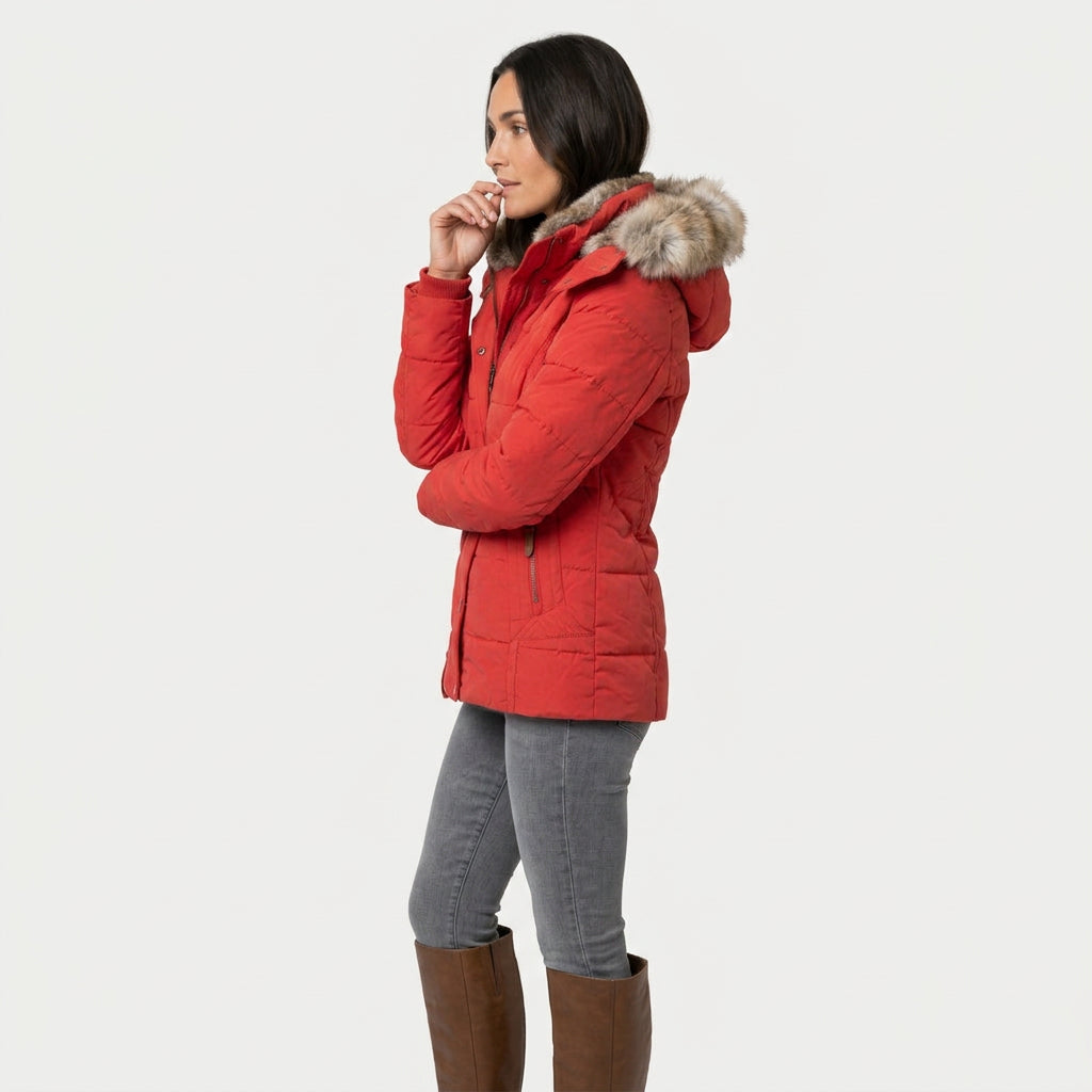 Women's Quilted Puffer Coat – Fur-Trimmed Hood, Mid-Thigh Length