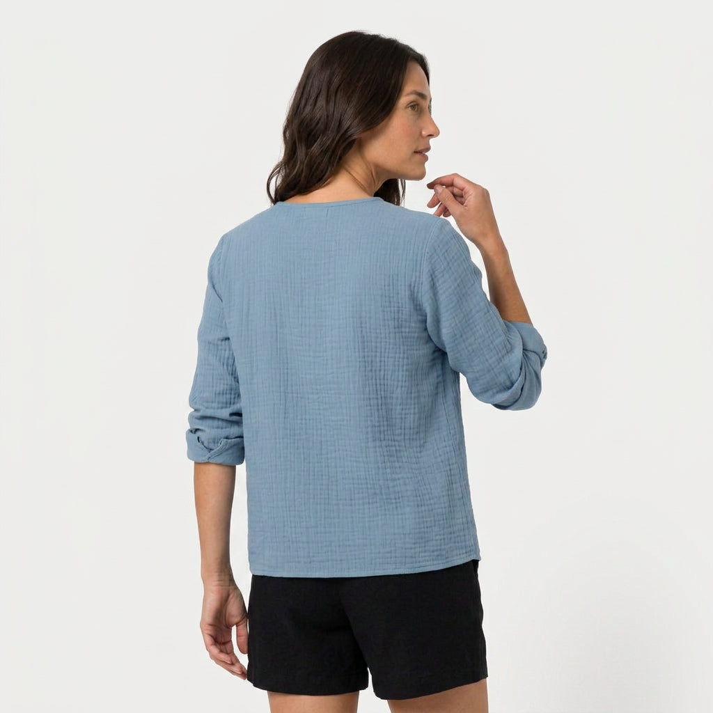 Women's Cotton Gauze Button-Up Blouse – V-Neck