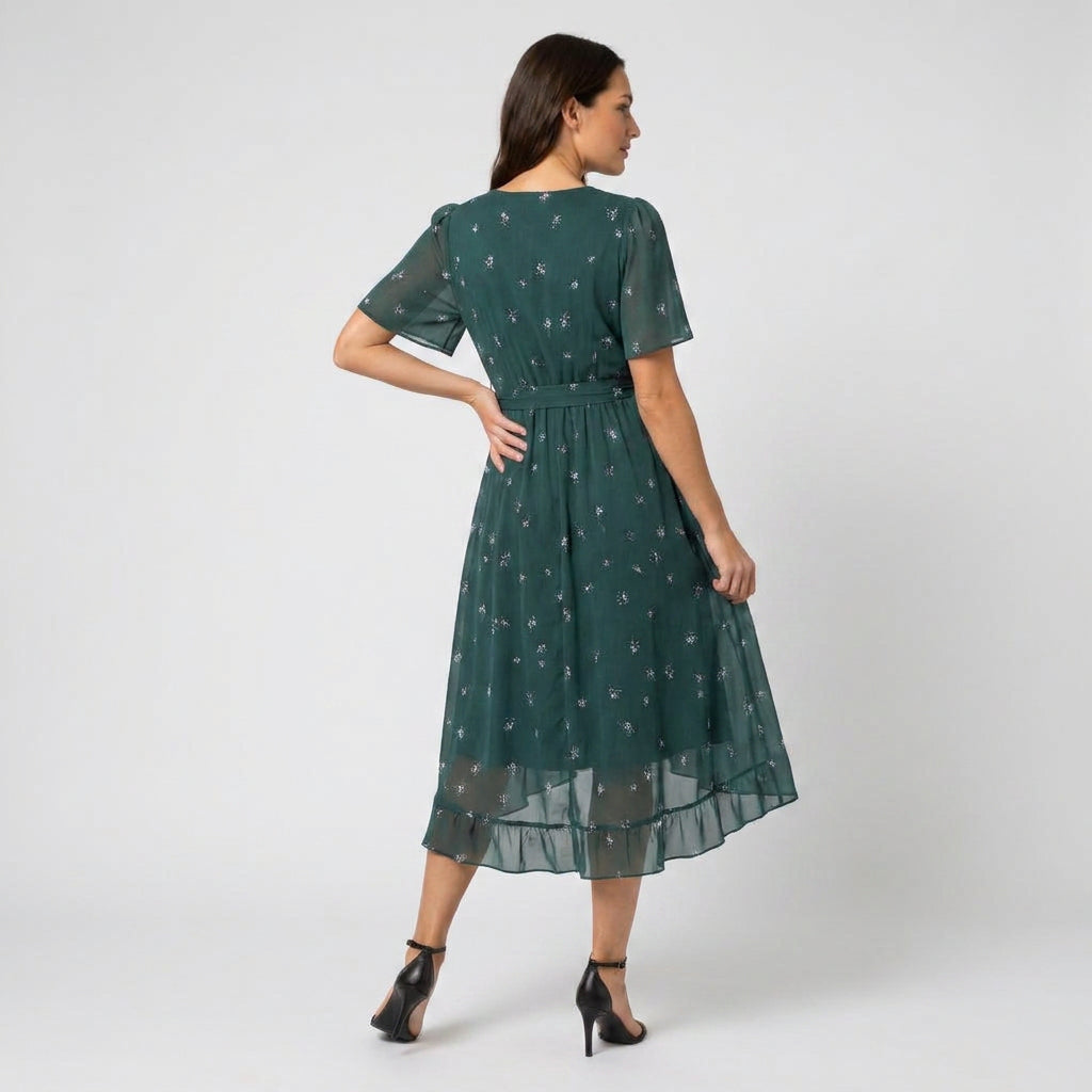 Women's Flutter Sleeve Floral Wrap Midi Dress – Tie Waist