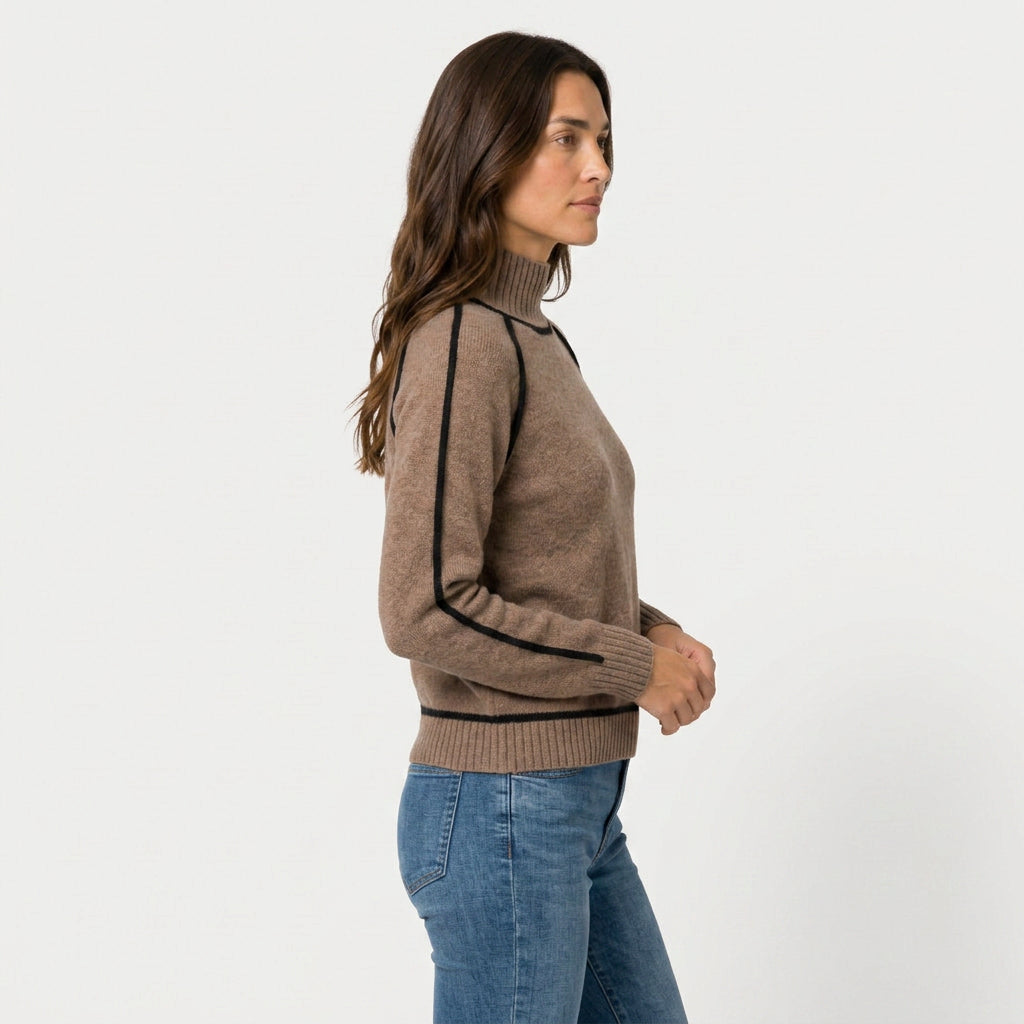 Women's Relaxed Fit Turtleneck Sweater – Contrast Piping, Ribbed Trims