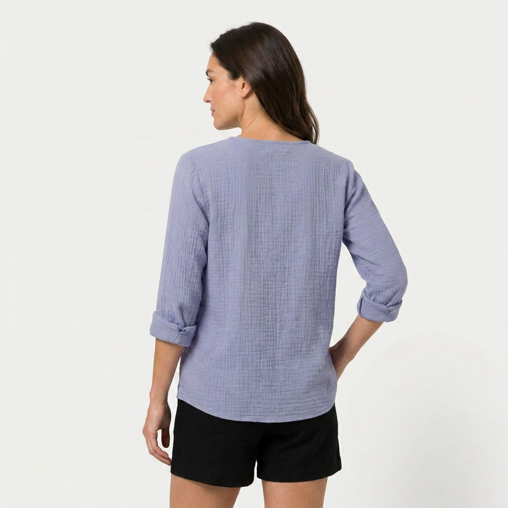 Women's Cotton Gauze Button-Up Blouse – V-Neck