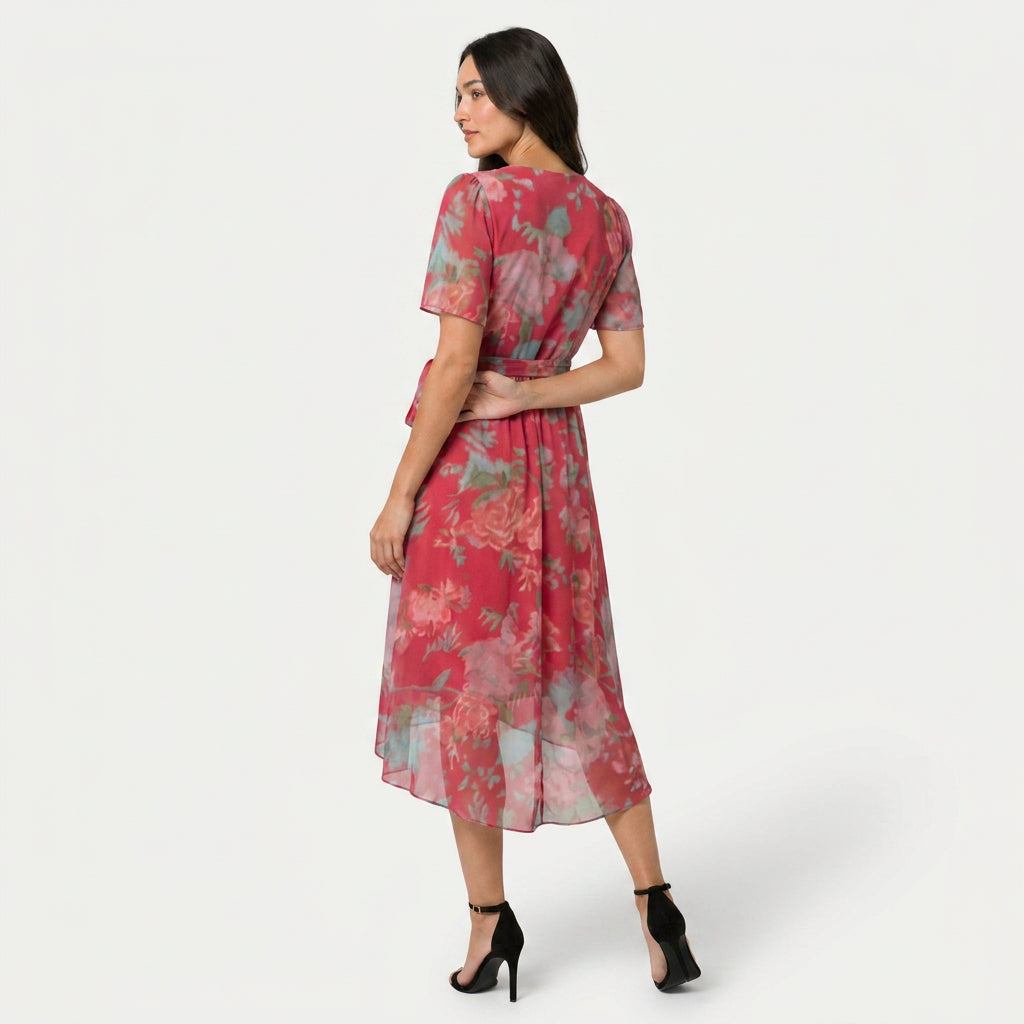 Women's Flutter Sleeve Floral Wrap Midi Dress – Tie Waist