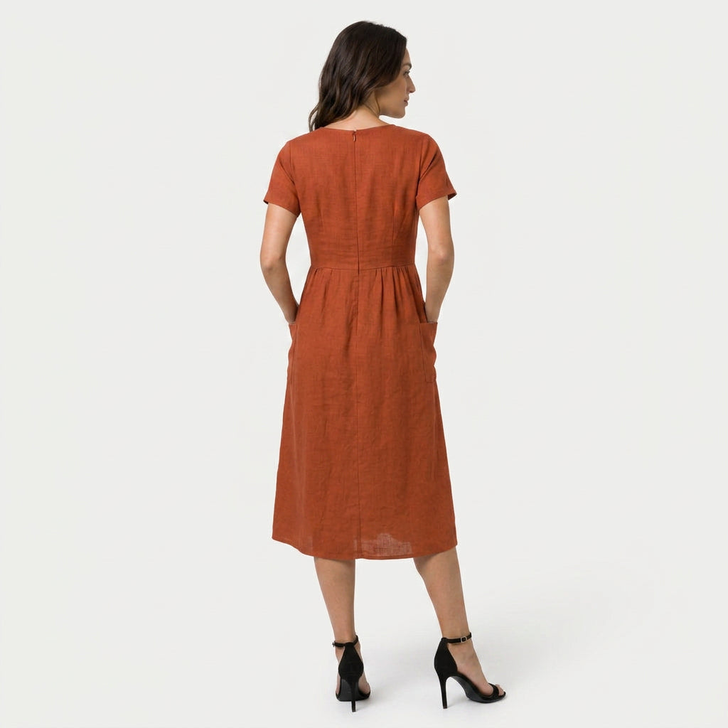 Women's Short Sleeve Pintuck Midi Dress – Pockets
