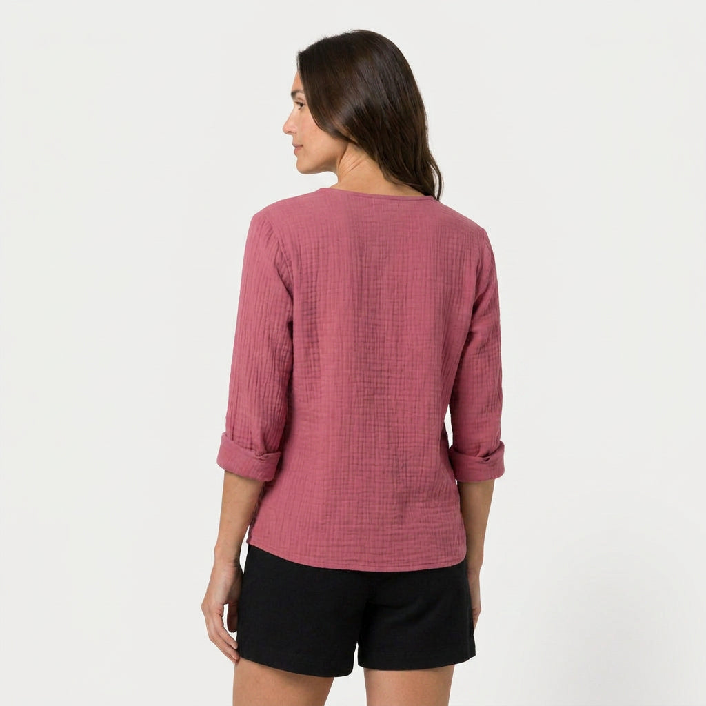 Women's Cotton Gauze Button-Up Blouse – V-Neck