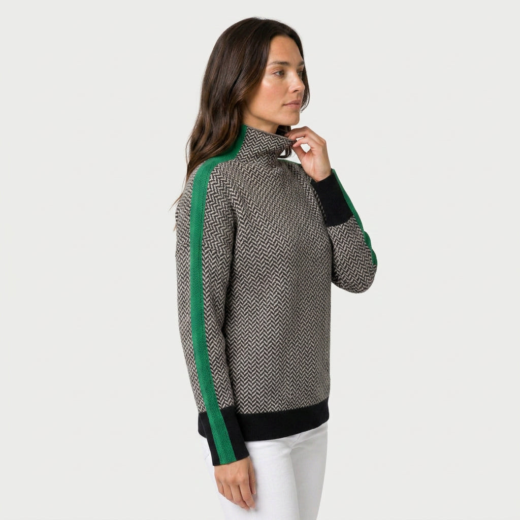 Women's Herringbone Funnel Neck Sweater – Sporty Stripe, Color-Block Trims