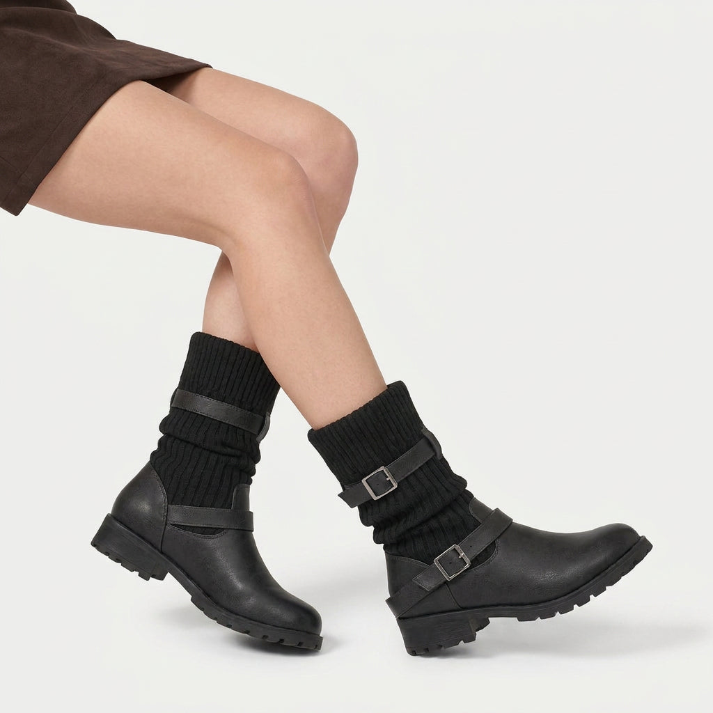 Women's Buckled Knit Cuff Mid-Calf Boot – Lug Sole