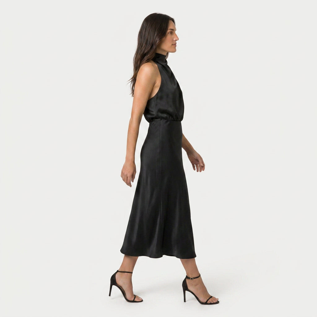 Women's Satin Halter Midi Dress – High Neck