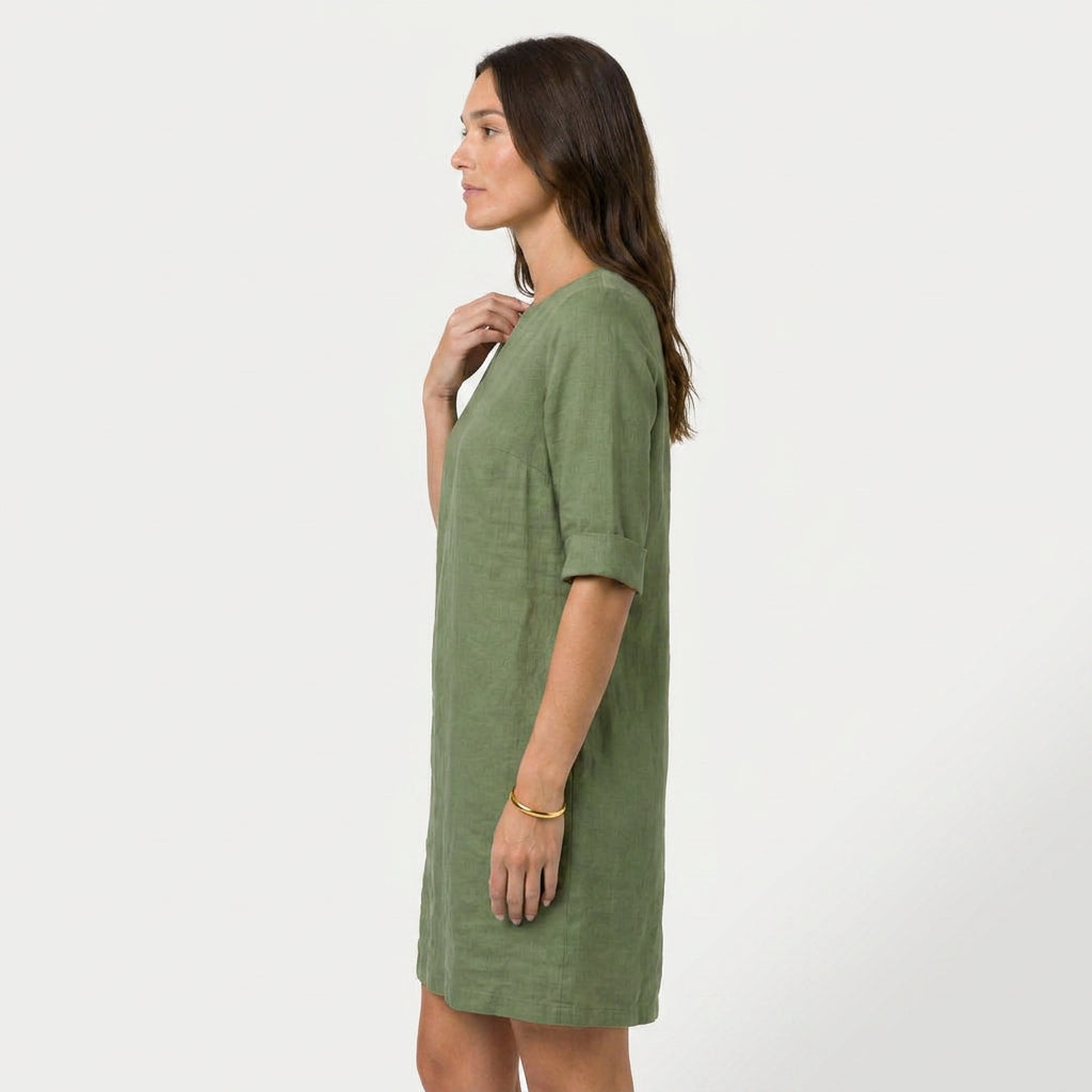 Women's Elbow Sleeve Linen Tunic Dress – V-Neck