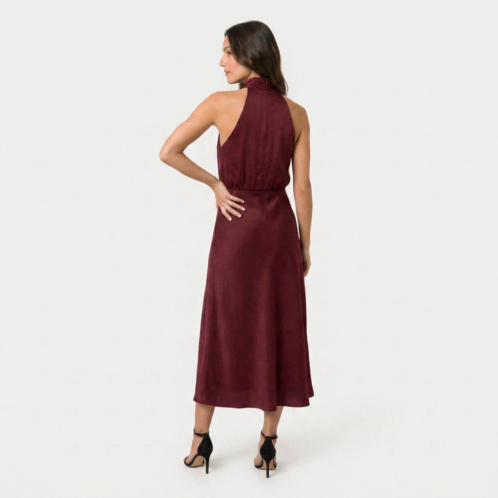 Women's Satin Halter Midi Dress – High Neck