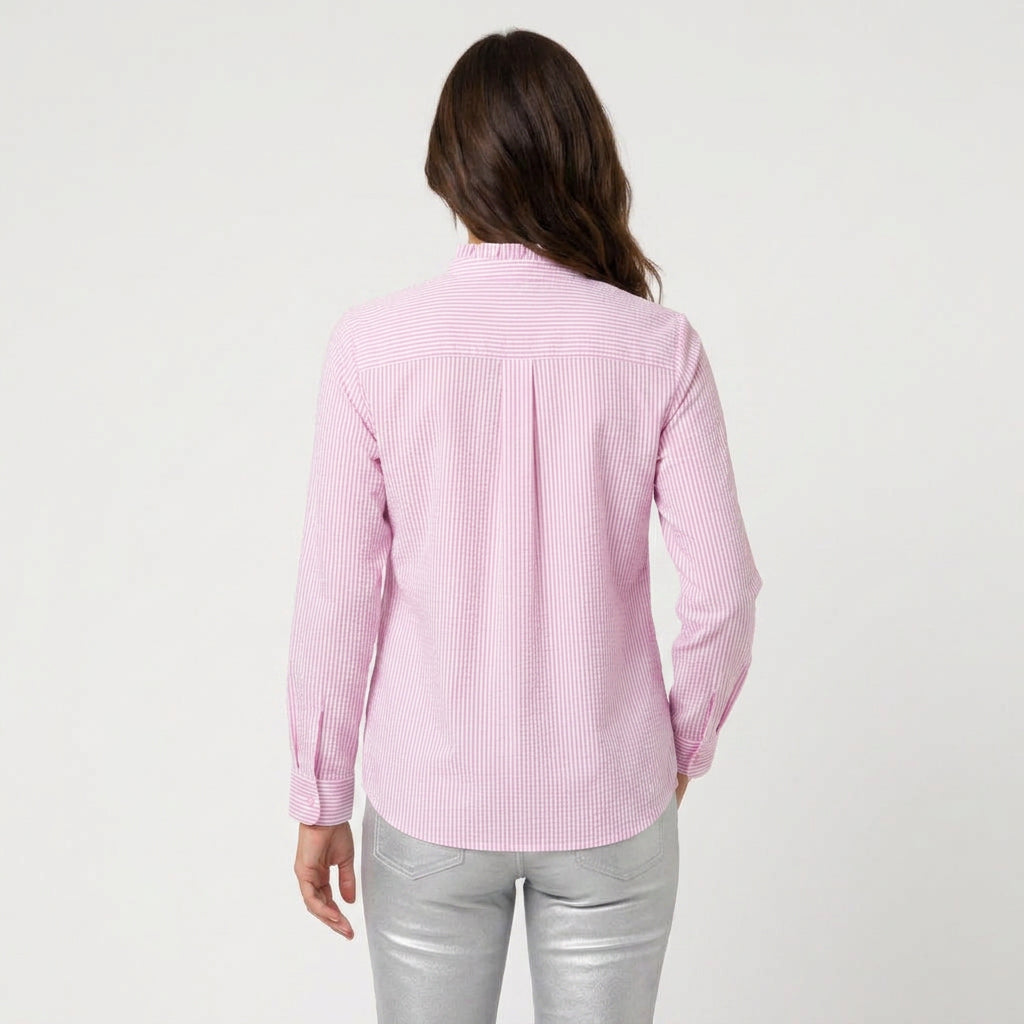 Women's Ruffle Trim Button-Up Blouse – Striped Seersucker