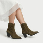 Women's Suede Pointed-Toe Block Heel Boot – Ankle Height