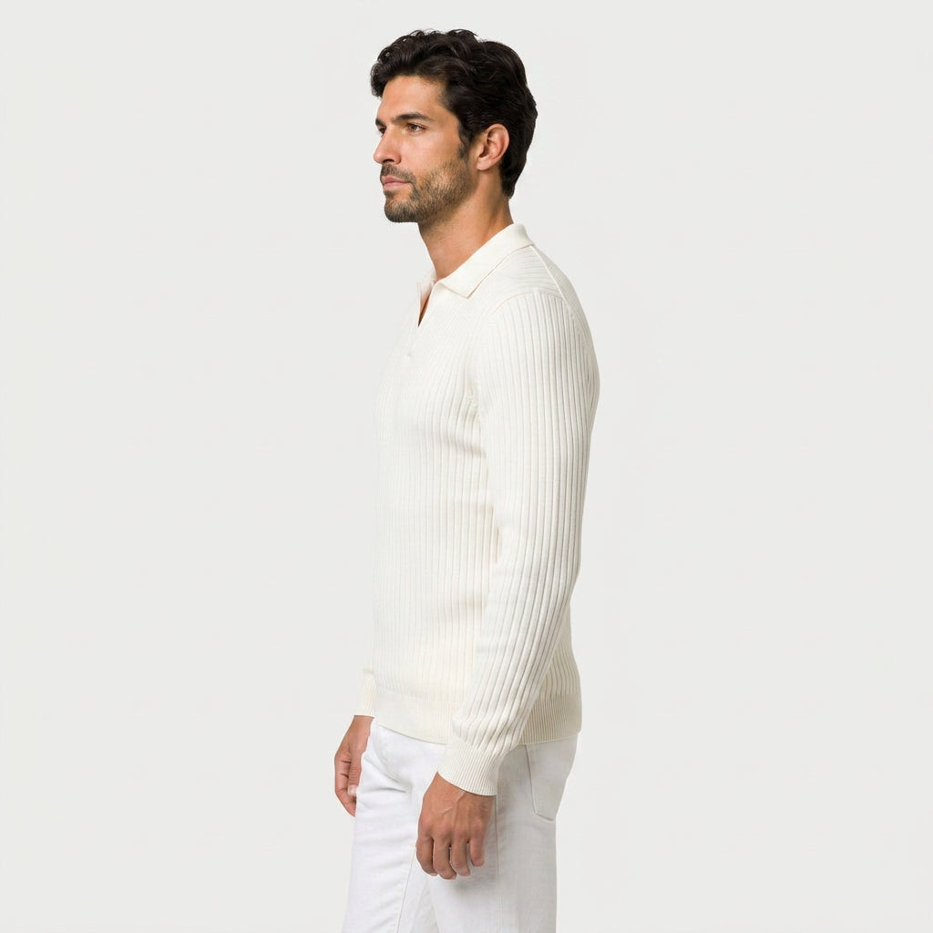 Men's Ribbed Knit Polo Sweater – Open Collar